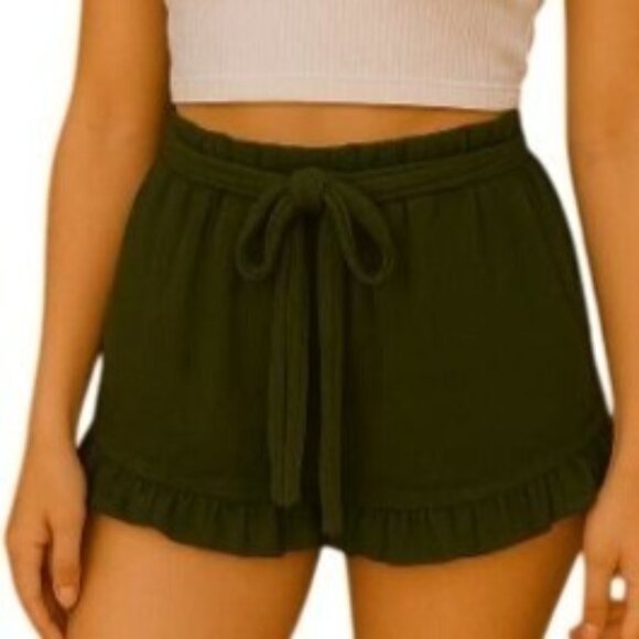 Derek Heart Small Green Ruffle Hem Shorts Waist Tie Belt Casual Boho Summer Chic - Picture 1 of 8